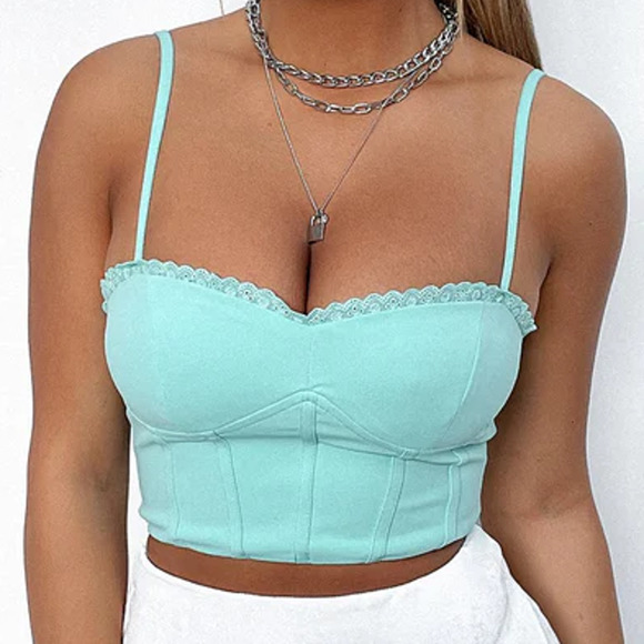 Thats So Fetch | "Dish Crop" Teal Croset-Style Spaghetti Strap Crop Top - Picture 1 of 11